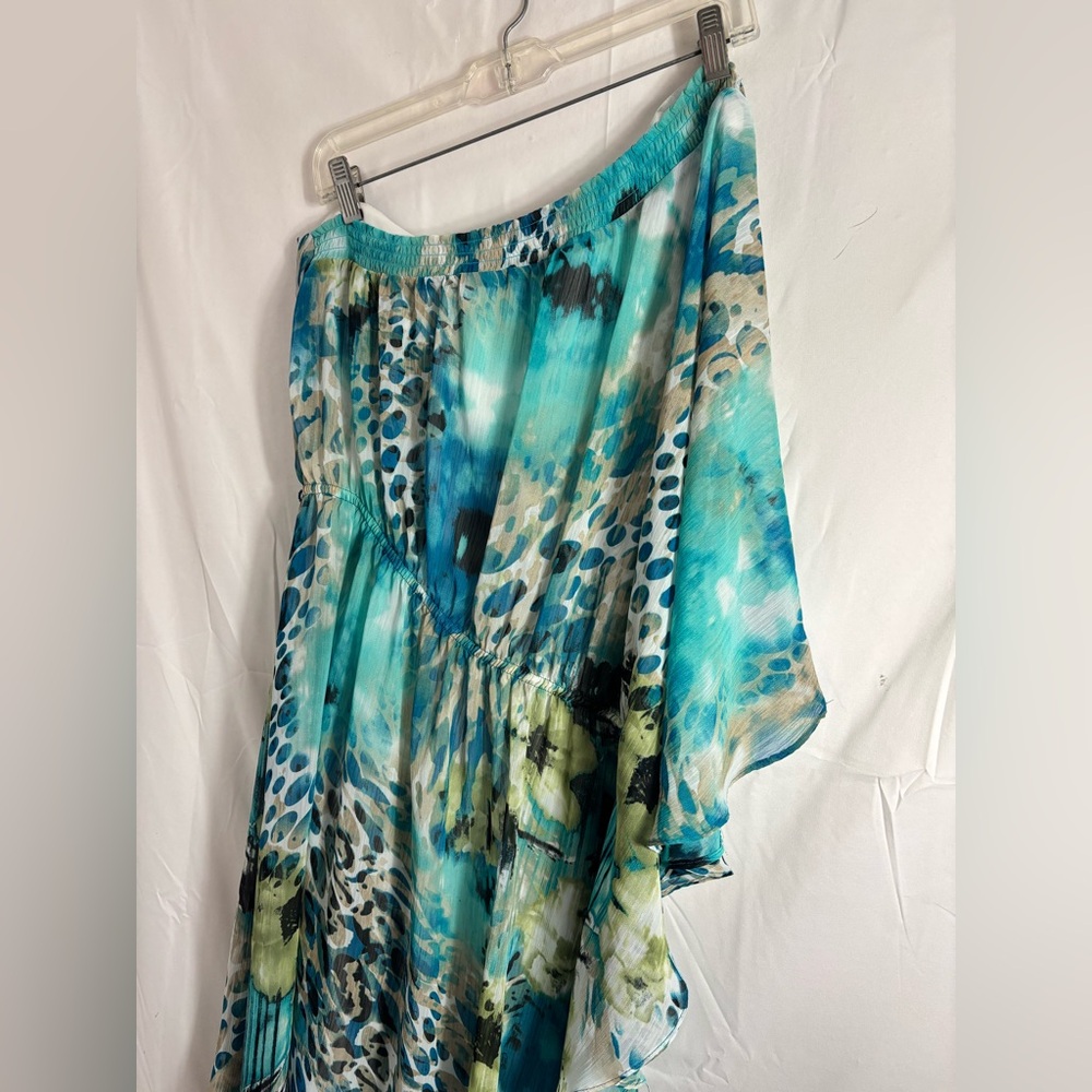 Turquoise Floral Abstract One Shoulder Flowy Boho Beach Goddess Dress Size L-XL - Picture 10 of 13